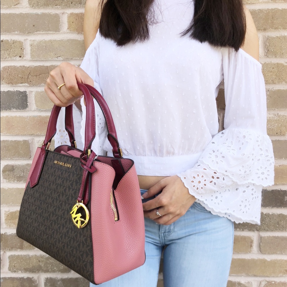 Gaby’sBags👜💕-Michael Kors Satchel Brown Mk Pink - Picture 3 of 8